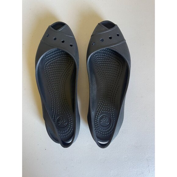 CROCS Farrah Size 6 Black Rubber Slingback Peep Toe Flats - Picture 6 of 6